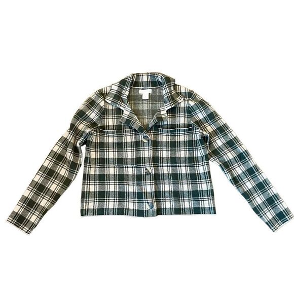 Cynthia Rowley green plaid cropped collared cardigan M - Picture 1 of 8